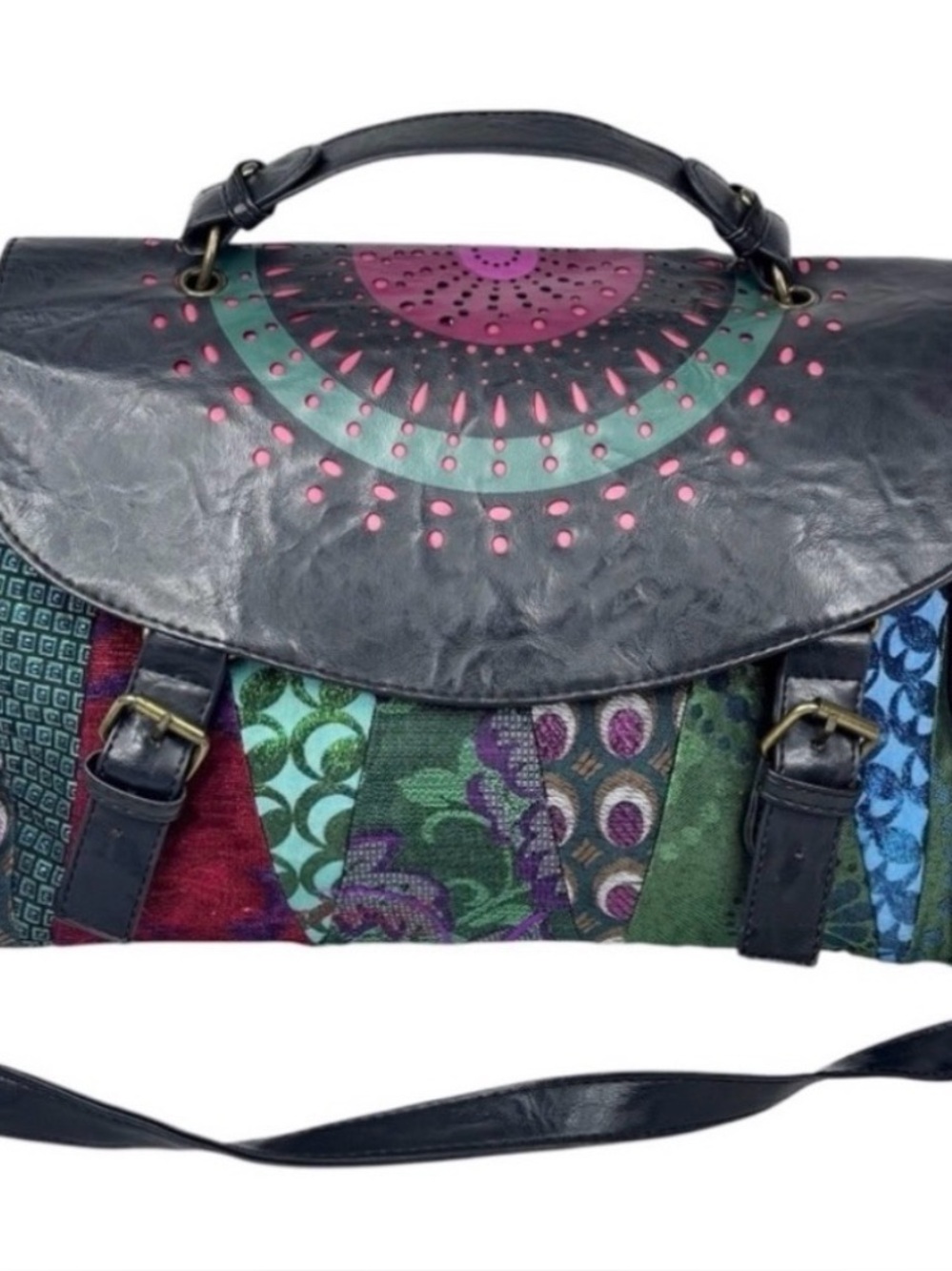 Desigual Vibrant Patchwork & Black Faux Leather Satchel Messenger Bag